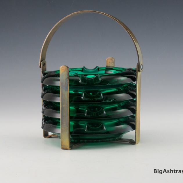 Antique Teal Glass Prohibition Speakeasy Ashtray Set and Holder