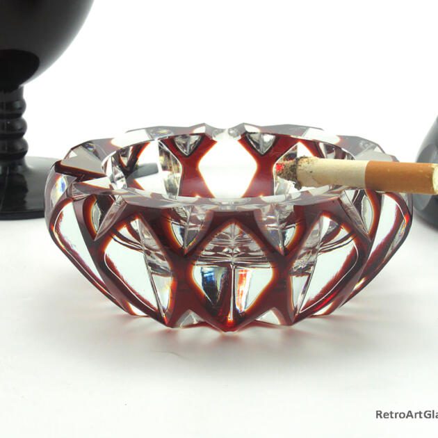 Antique Crystal Ruby Cut to Clear Upscale Ashtray