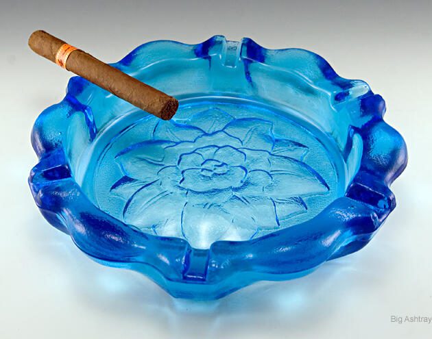 Big Blue Magnolia Glass Ashtray Made in USA 1960s-1970s