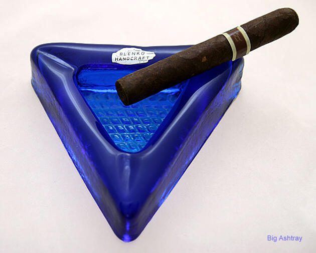 Blenko Blue Triangle Ashtray with Silver Foil Label