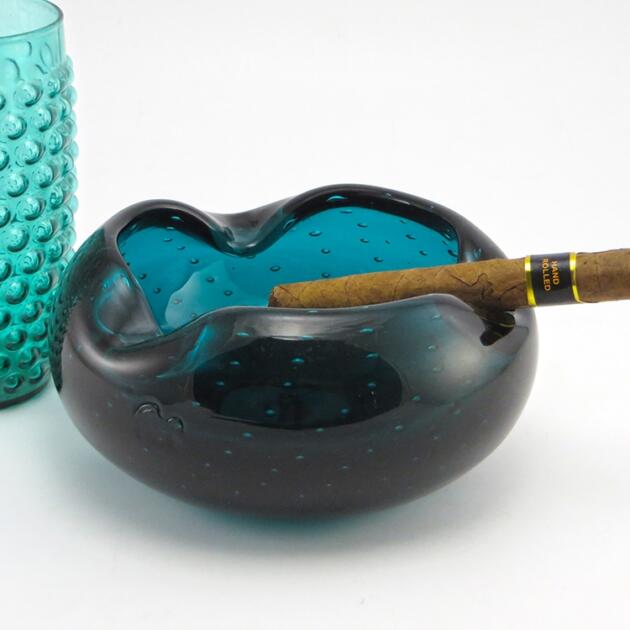 Big Vintage Cigar Ashtray by Blenko in Rare Peacock Color