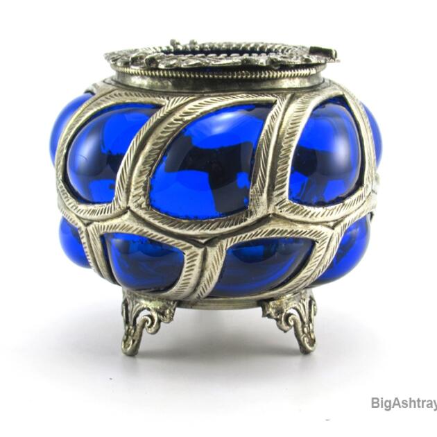 Cobalt Blue Caged Glass Ashtray Bowl Blown into Metal