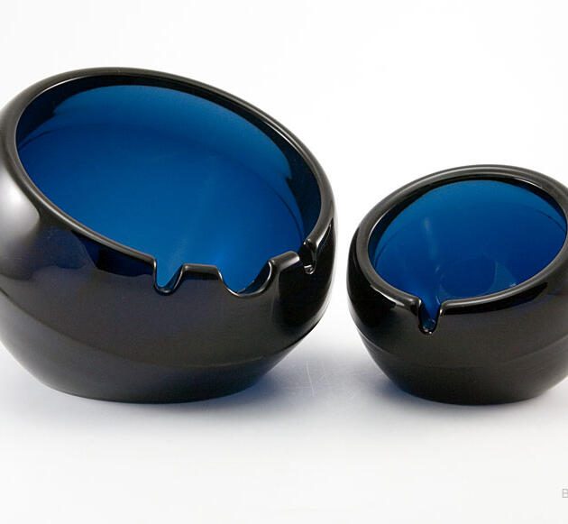 Rare Pair of Smoked Cobalt Blue Ball Ashtrays Made in USA Mid-20th Century