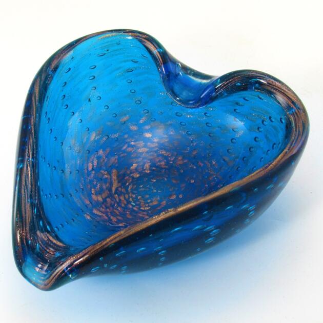 Retro Modern Art Glass Blue Heart with Copper Ashtray