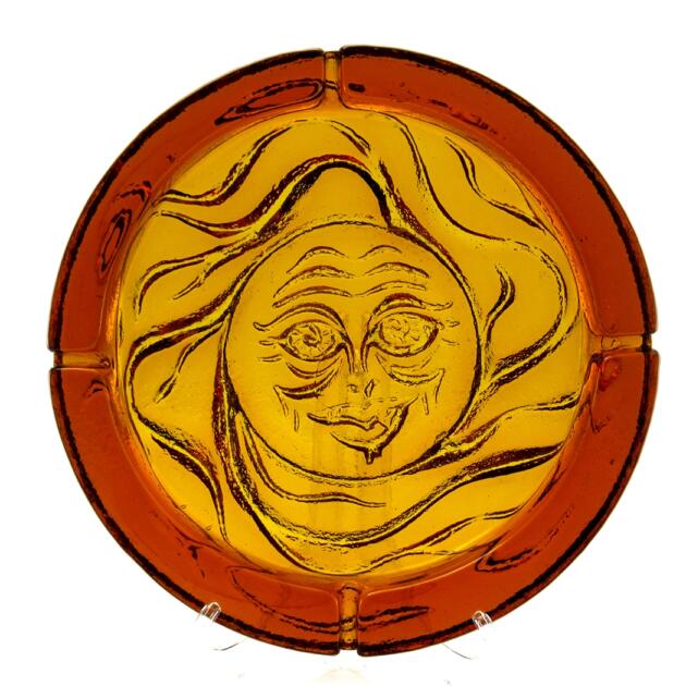 Huge Blenko Glass Sun Face Heavy Patio Ashtray