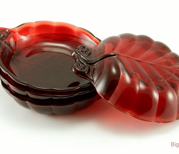 Vintage Royal Ruby Glass Leaf Ashtray Set of 4