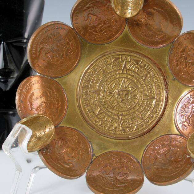 Aztec Calendar Ashtray Brass with Real Mexican Coins