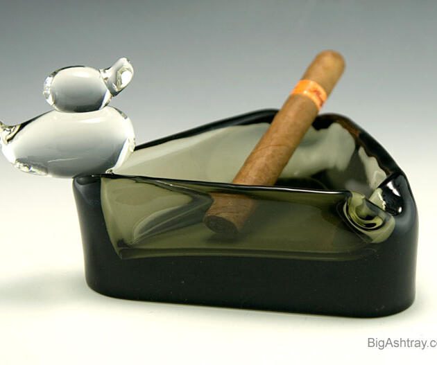 Mid-Century Modern Smoky Glass Ashtray with Sitting Duck