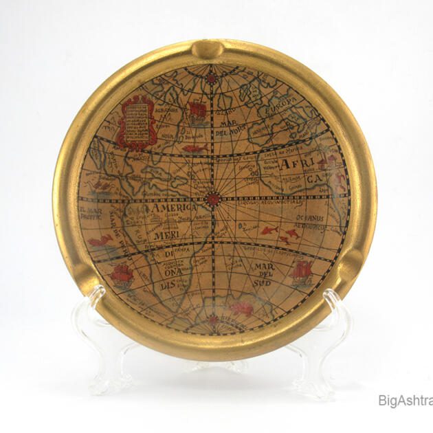 Old Renaissance Era World Map Ashtray Signed Italy