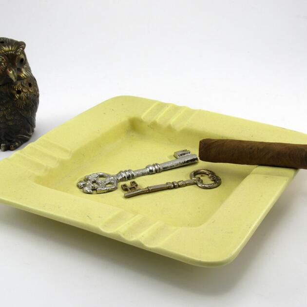 Antique Key Retro Ashtray in Yellow Matte Glazed Porcelain