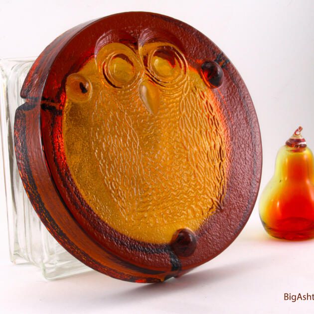 Huge Ghost Owl Ashtray by Blenko Art Glass in Amber