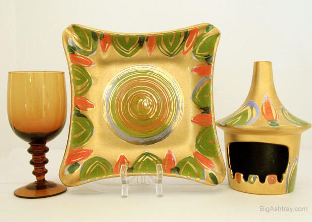 Rare Sascha Brastoff Pepper Hut Ashtray Set