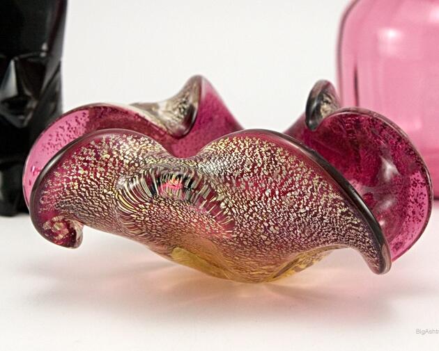 Venetian Art Glass Cranberry Silver 1950's Elegant Ashtray