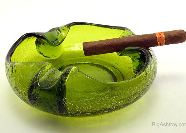 Cigar Ashtray Bowl in Rich Olive Green Crackle Glass Vintage