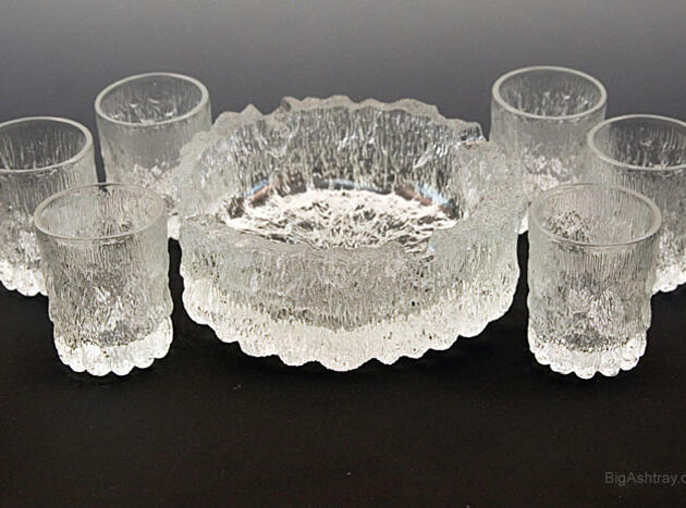 German Bark Glass Ashtray and Shot Glass Bar Set
