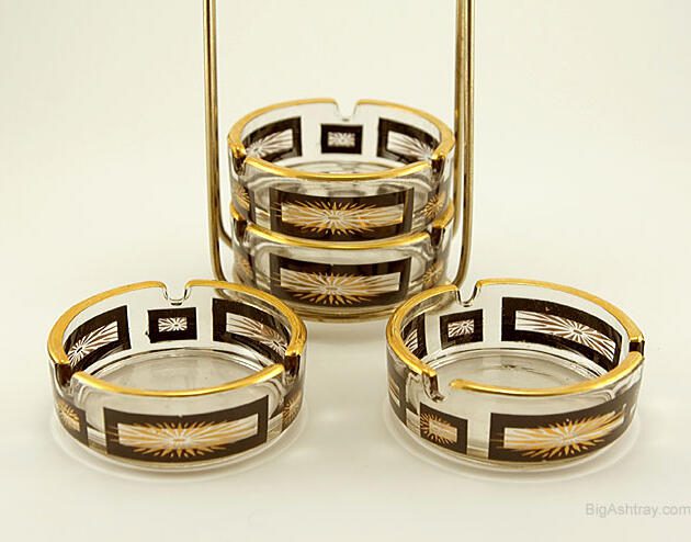 Set of Atomic Era Starburst Ashtrays with Caddy