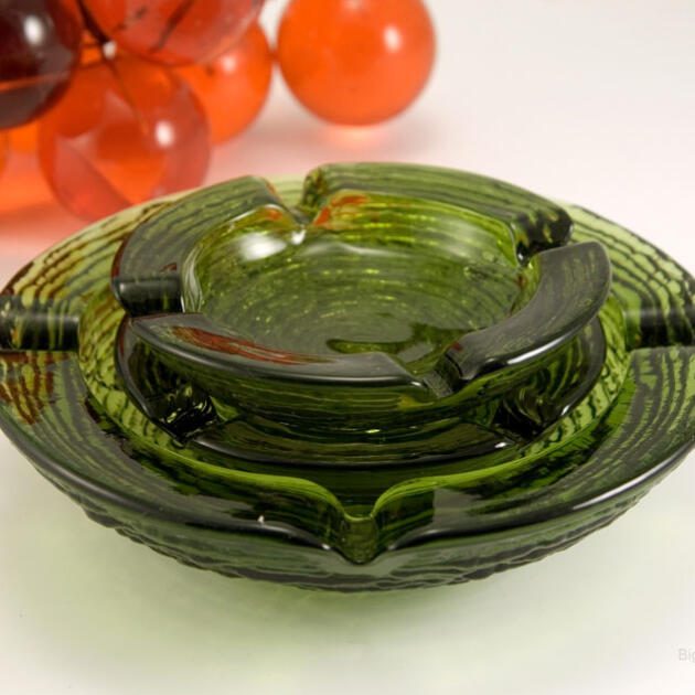 Set of Three Retro Soreno Avocado Green Glass Ashtrays
