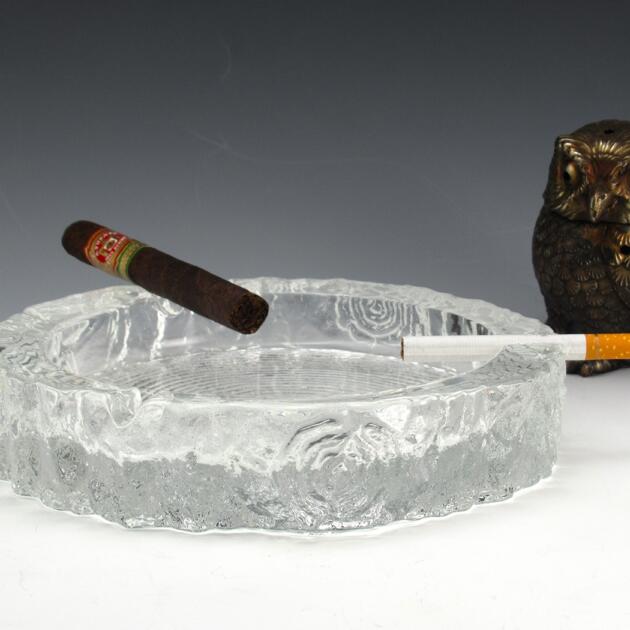 Large Glass Ashtray in Crystal Bark Glass Retro Modern