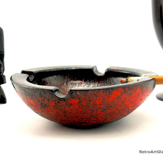Barbaric Style Black, Red and Aventurine Art Glass Ashtray