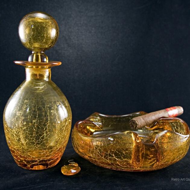 Vintage Luxury Amber Crackle Glass Whiskey Decanter and Cigar Ashtray