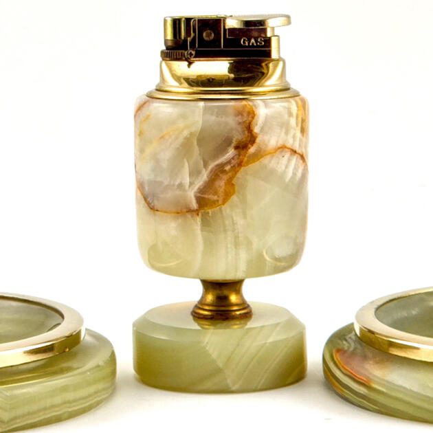 Vintage Italian Marble Ashtray Set with Matching Working Lighter