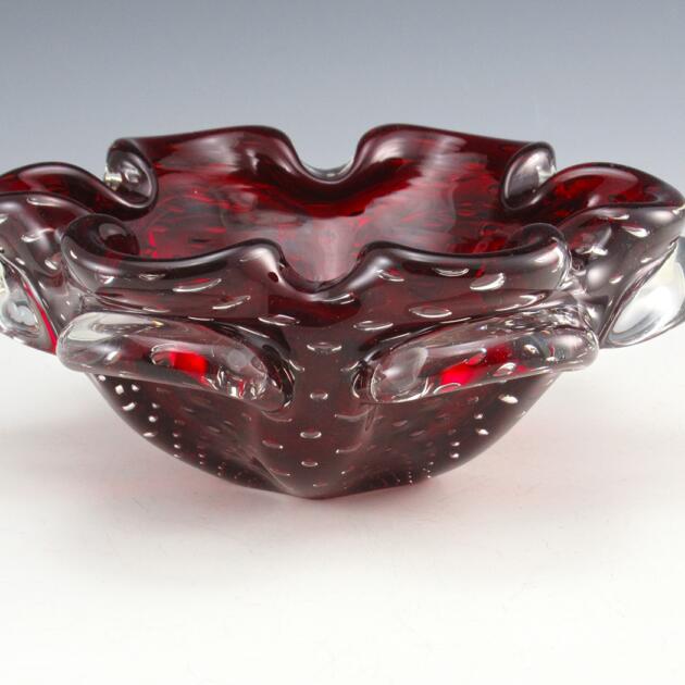Vintage Cased Ruby Glass Ashtray with Trapped Bubbles Hand-Made