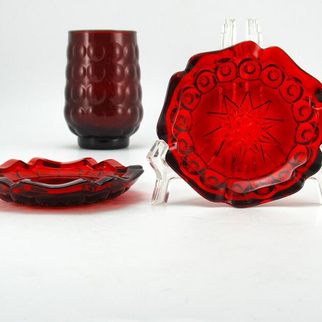 Vintage Ruby Moon and Star Glass Ashtray Set Fenton for LG Wright