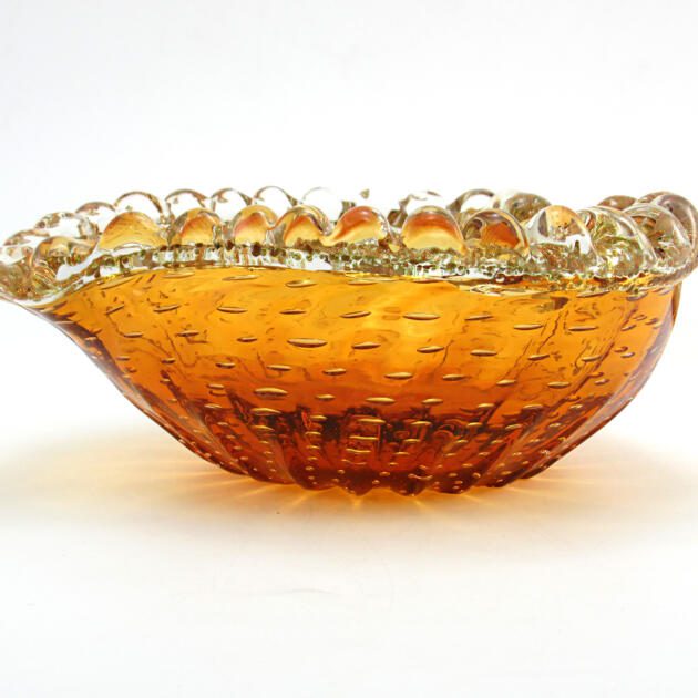 Mid-Century Venetian Glass Cigar Bowl with Bubbles and Gold Trim