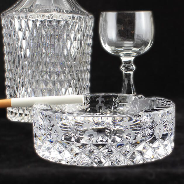 Luxurious Lead Crystal Ashtray Diamond and Hand Etched Floral