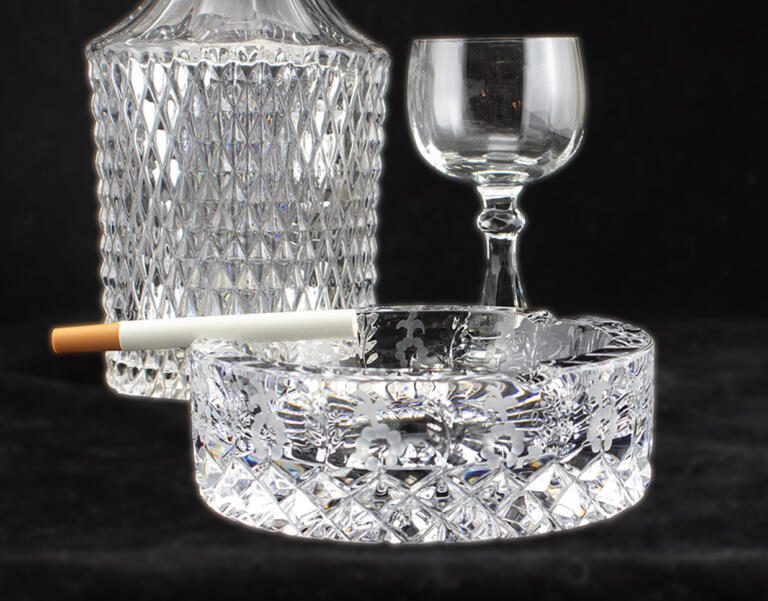Luxurious Lead Crystal Ashtray Diamond and Hand Etched Floral