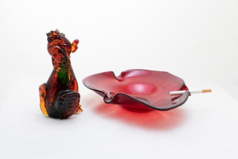 Mid-Century Modern Rainbow Art Glass Hand-Formed Ashtray in Ruby