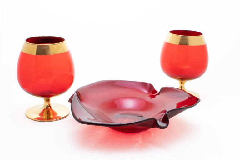 Ruby Art Glass Handmade Ashtray with Crackle Decor