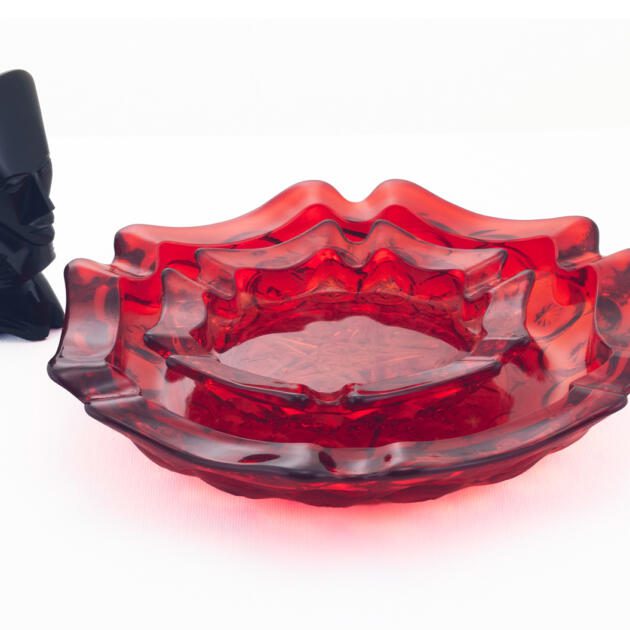 Vintage Ruby Moon Star Glass Ashtray Set