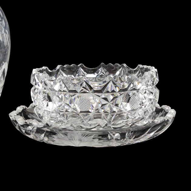 Vintage Crystal Ashtray Set in Pressed and Etched WWII Czech Gla
