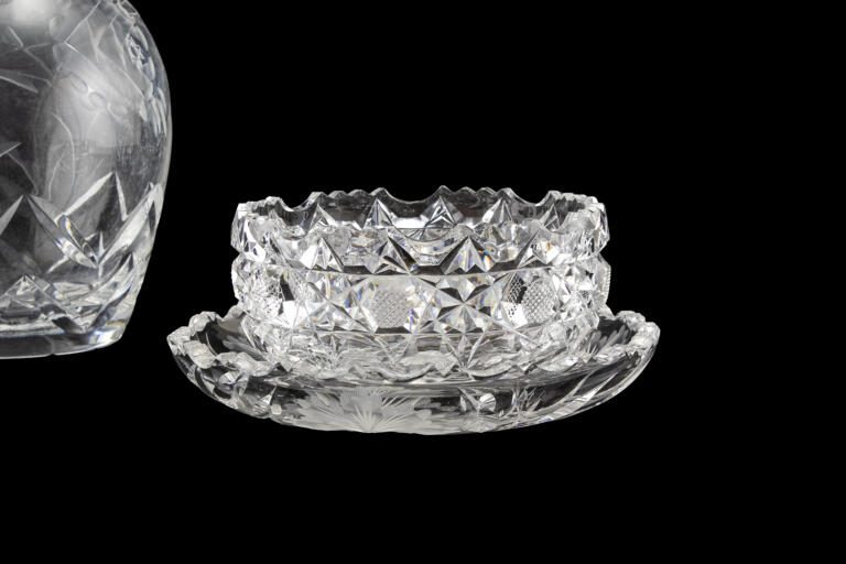 Vintage Crystal Ashtray Set in Pressed and Etched WWII Czech Gla