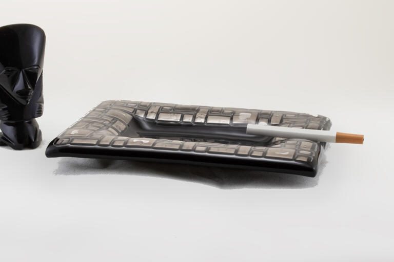 Brutalist Decor Ashtray Dark Olive Green with Inlaid Metallics