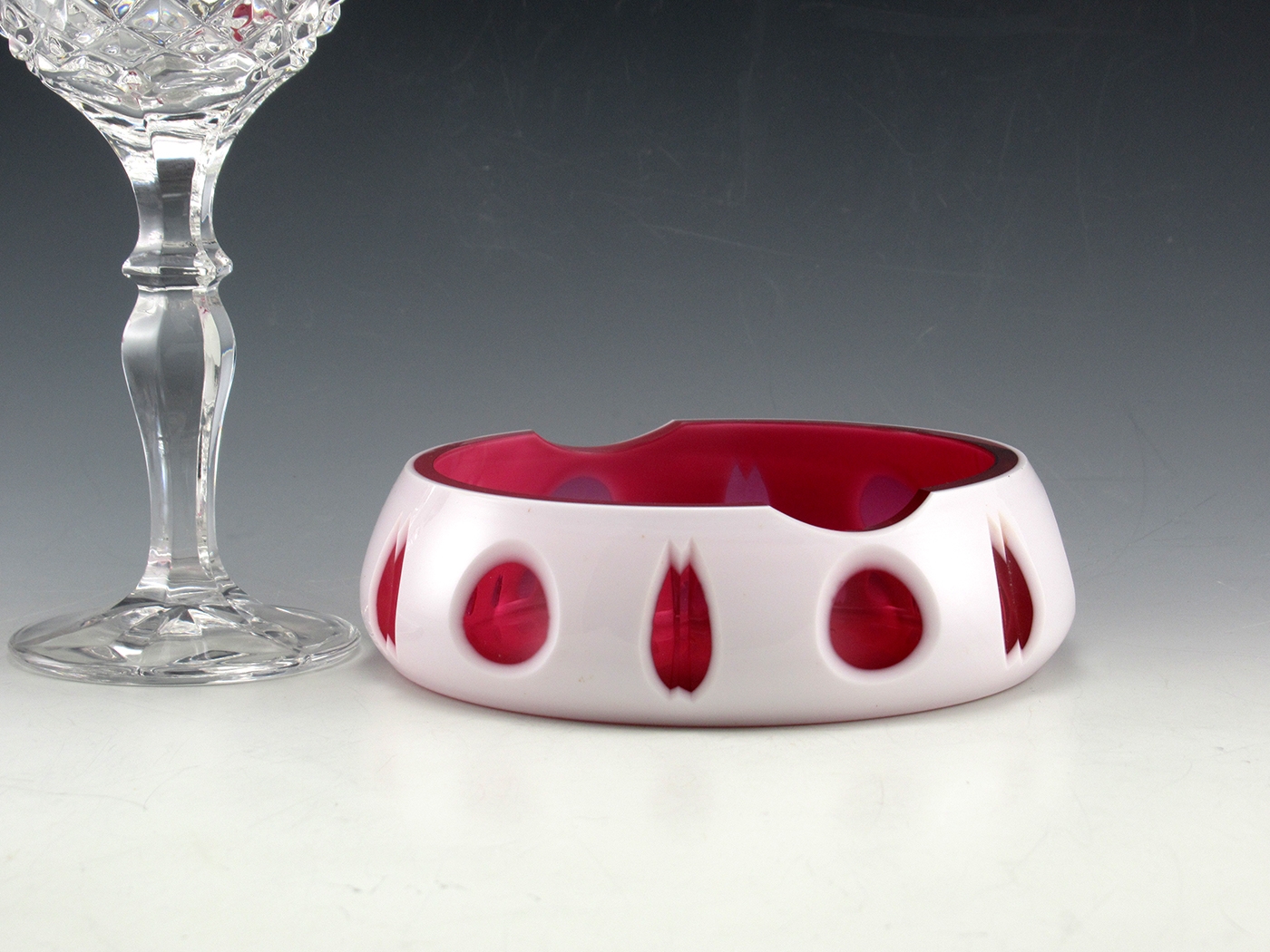 Art Deco Bohemian Ashtray White Cut to Cranberry
