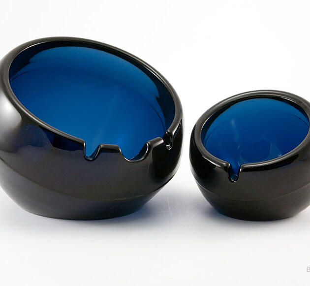 Rare Pair of Smoked Cobalt Blue Ball Ashtrays Made in USA Mid-20th Century