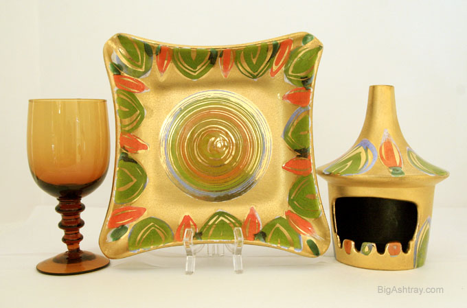 Rare Sascha Brastoff Pepper Hut Ashtray Set