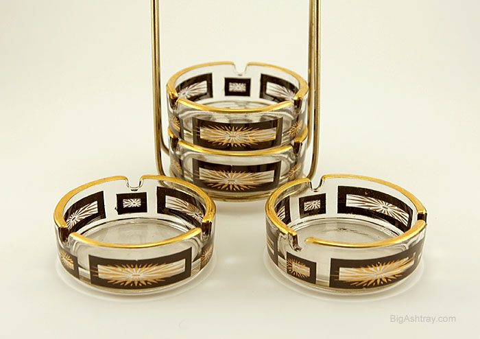 Set of Atomic Era Starburst Ashtrays with Caddy