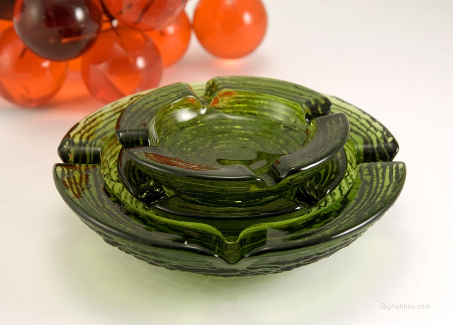 Set of Three Retro Soreno Avocado Green Glass Ashtrays